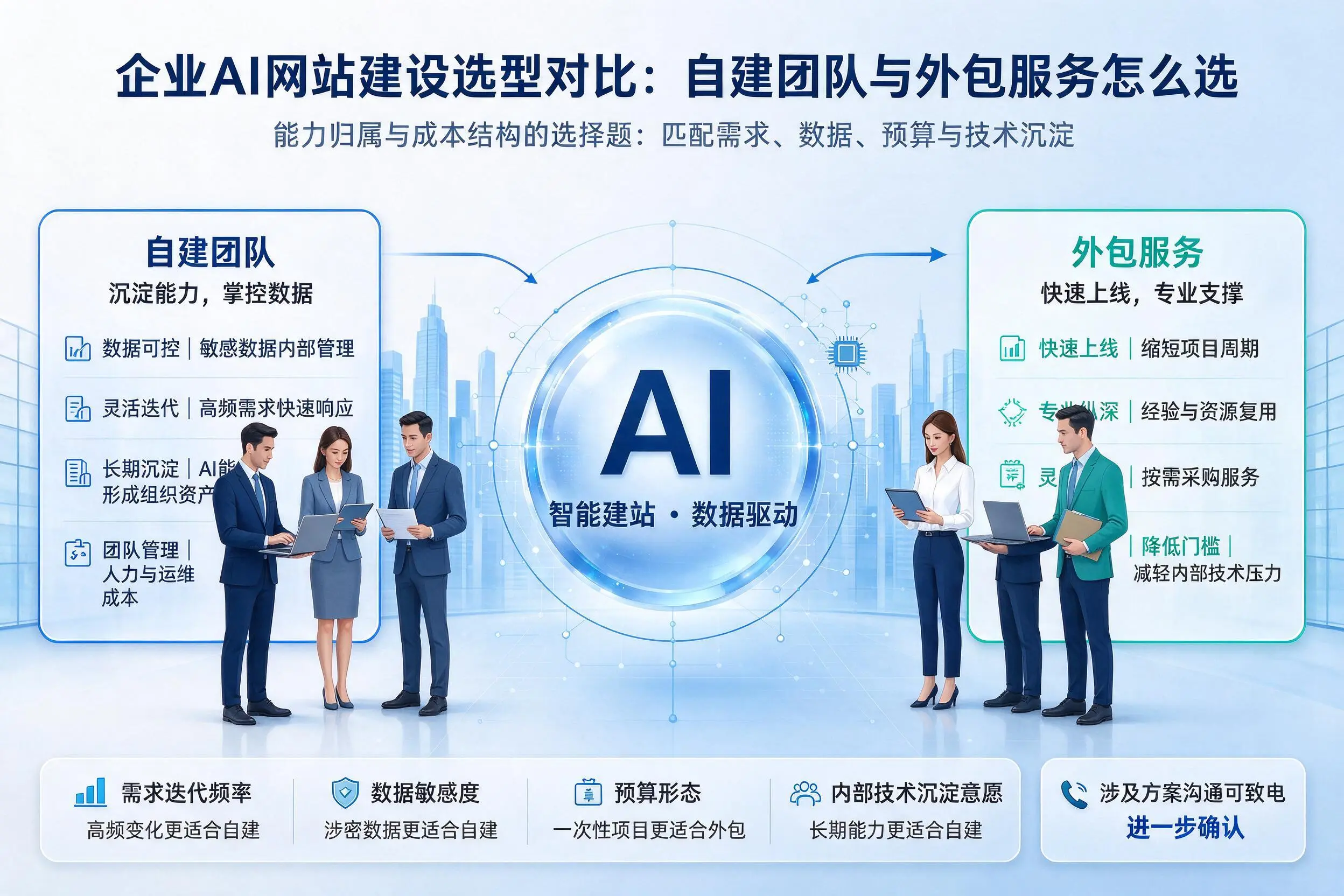 鄂州企业AI网站建设选型对比:自建团队与外包服务怎么选
